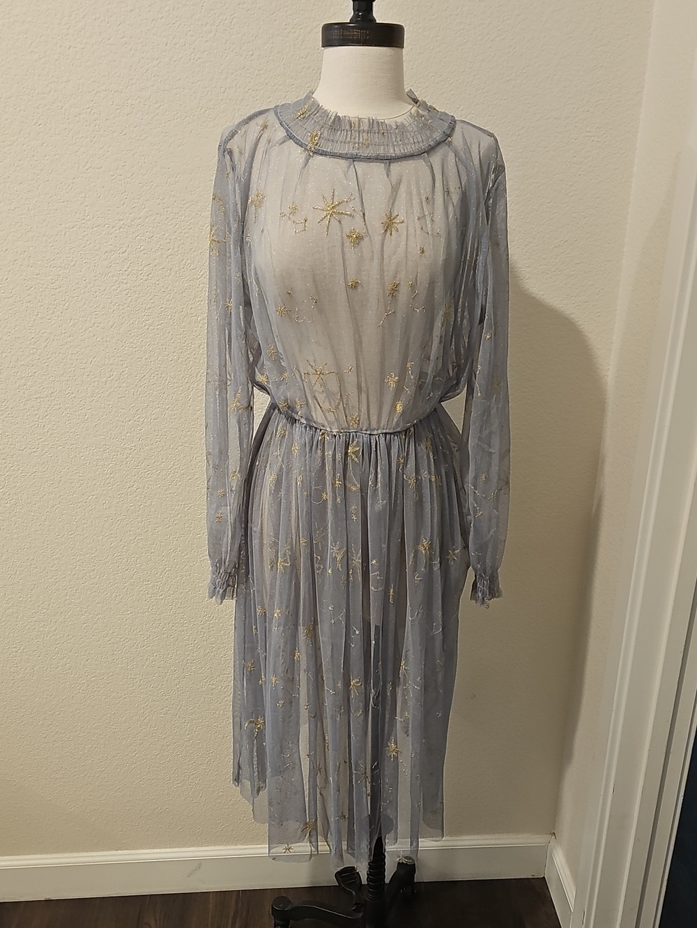 Zara Light Blue Sheer Midi Dress with Gold Star Embroidery